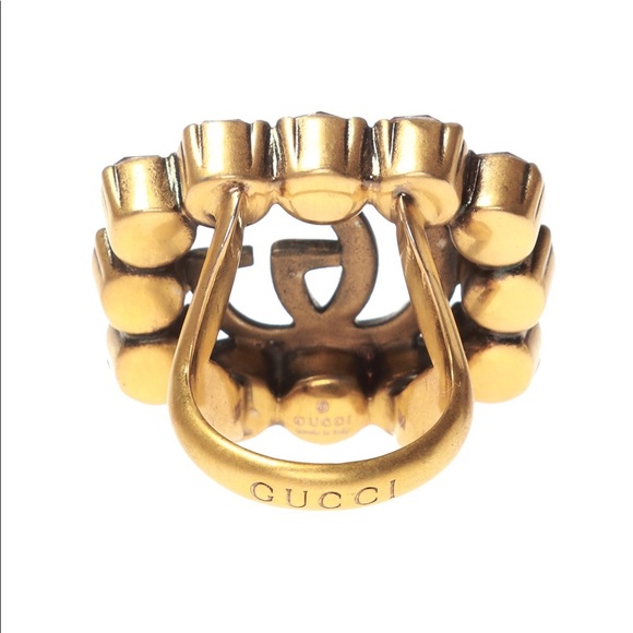 Gucci 605820 Gold Ruby Red Swarovski Crystal GG Marmont Logo Cocktail Ring SZ M - Picture 10 of 12